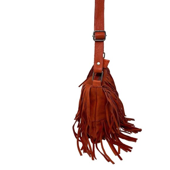 Cut n' Paste Fringe Orange Leather Purse Adjustable Strap Boho Slouchy - Picture 7 of 8